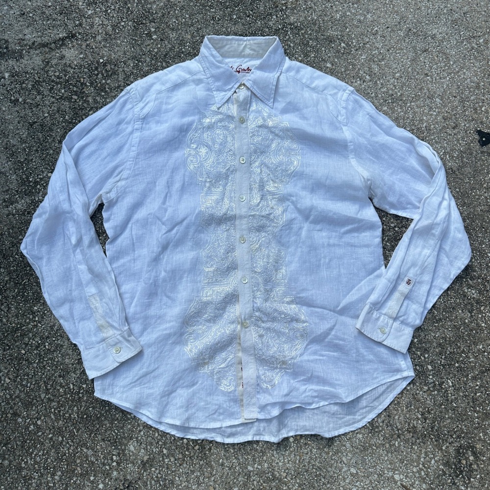 Robert Graham Mens Large White Linen Paisley Button Down Shirt Long Sleeve